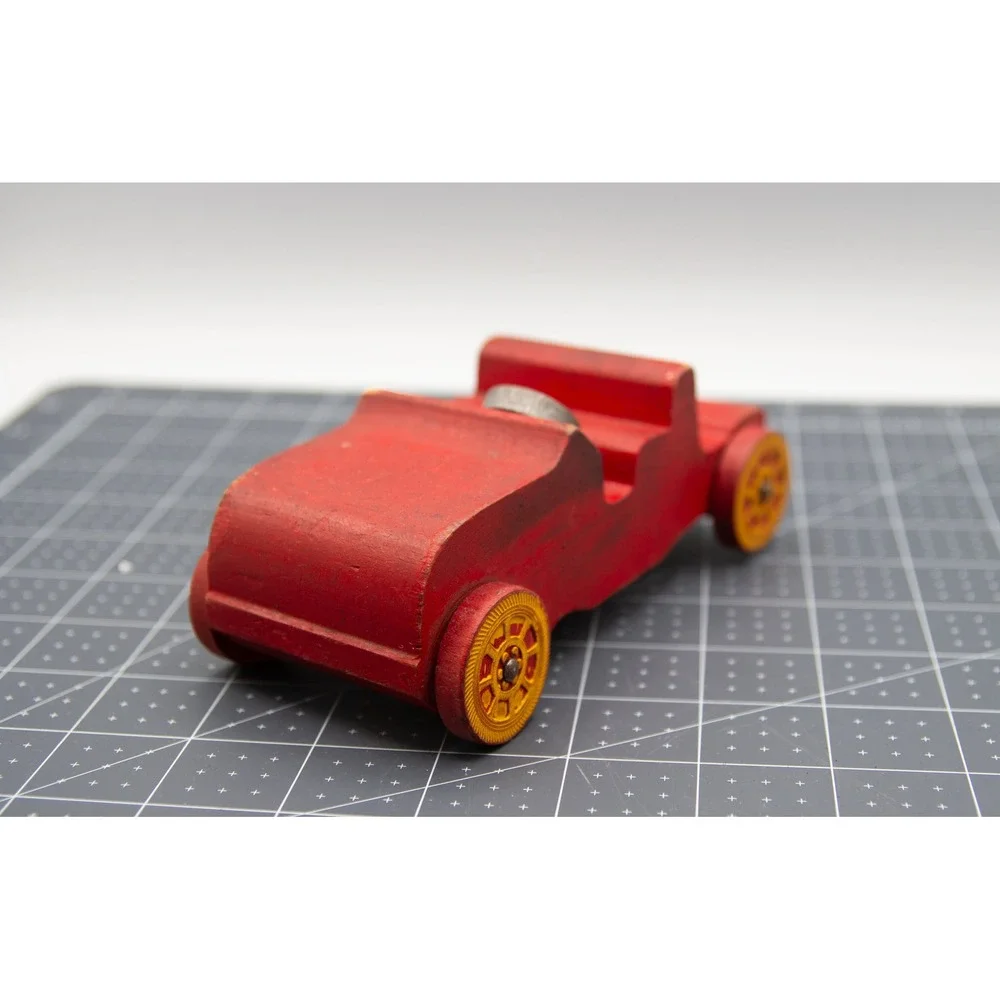 Vintage Red Wooden Toy Car Roadster Primitive Collectible‎ Yellow Spoked Wheels